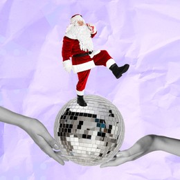 Image of Creative Christmas collage. Santa Claus dancing on disco ball against color background