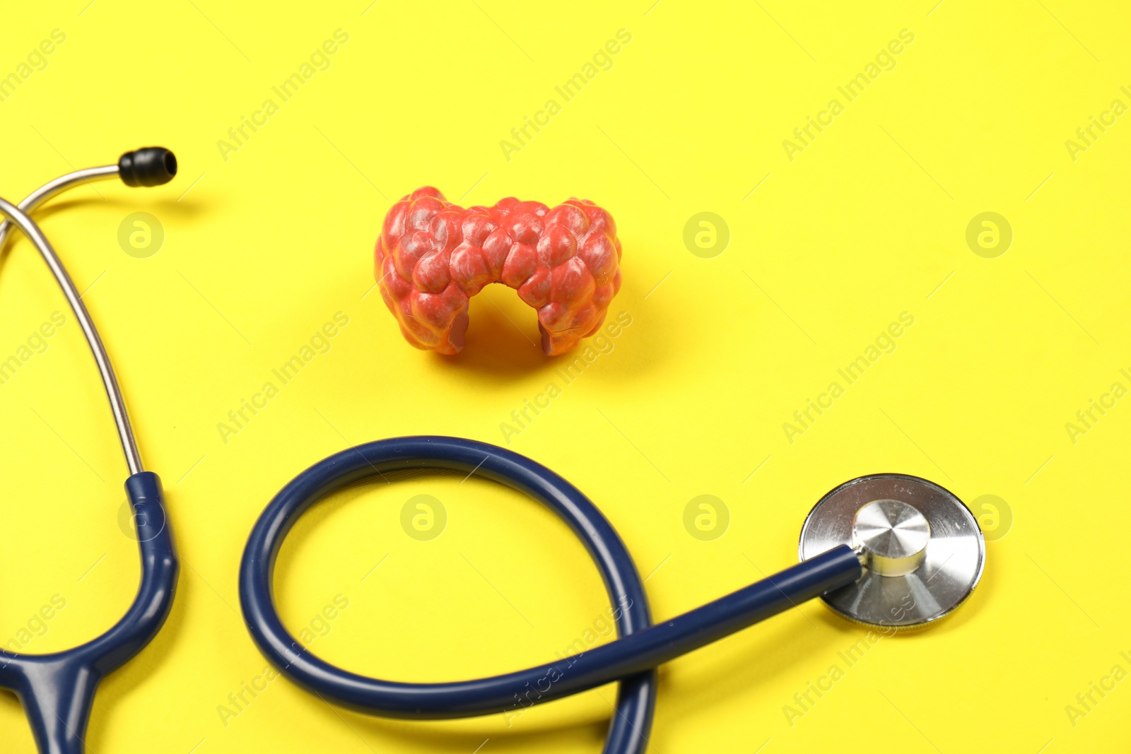 Photo of Endocrinology. Stethoscope and model of thyroid gland on yellow background, closeup