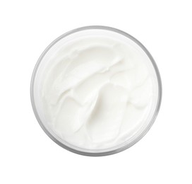 Photo of Jar of face cream isolated on white, top view