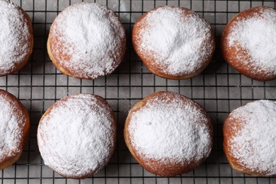 Delicious sweet buns on table, top view