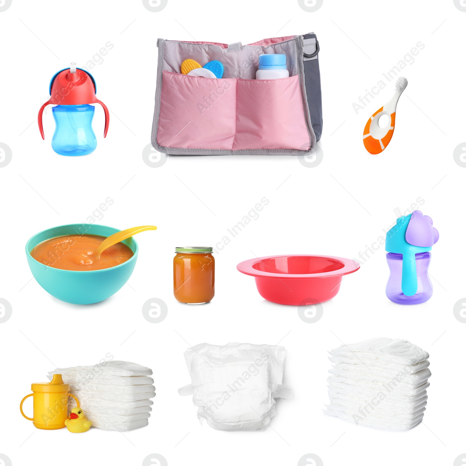 Image of Set with different baby accessories on white background 