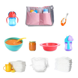 Image of Set with different baby accessories on white background 