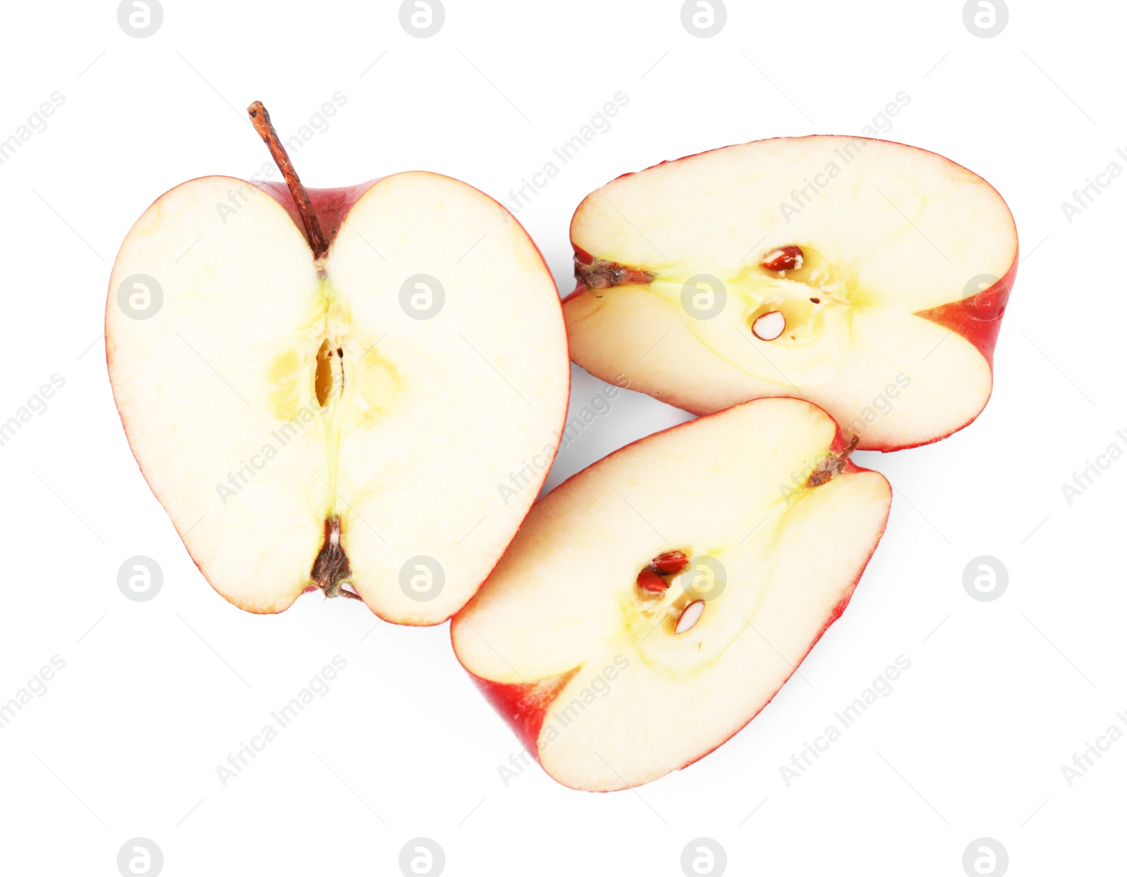 Photo of Pieces of ripe red apple isolated on white, top view