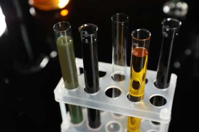 Photo of Test tubes with different types of oil on black background, closeup