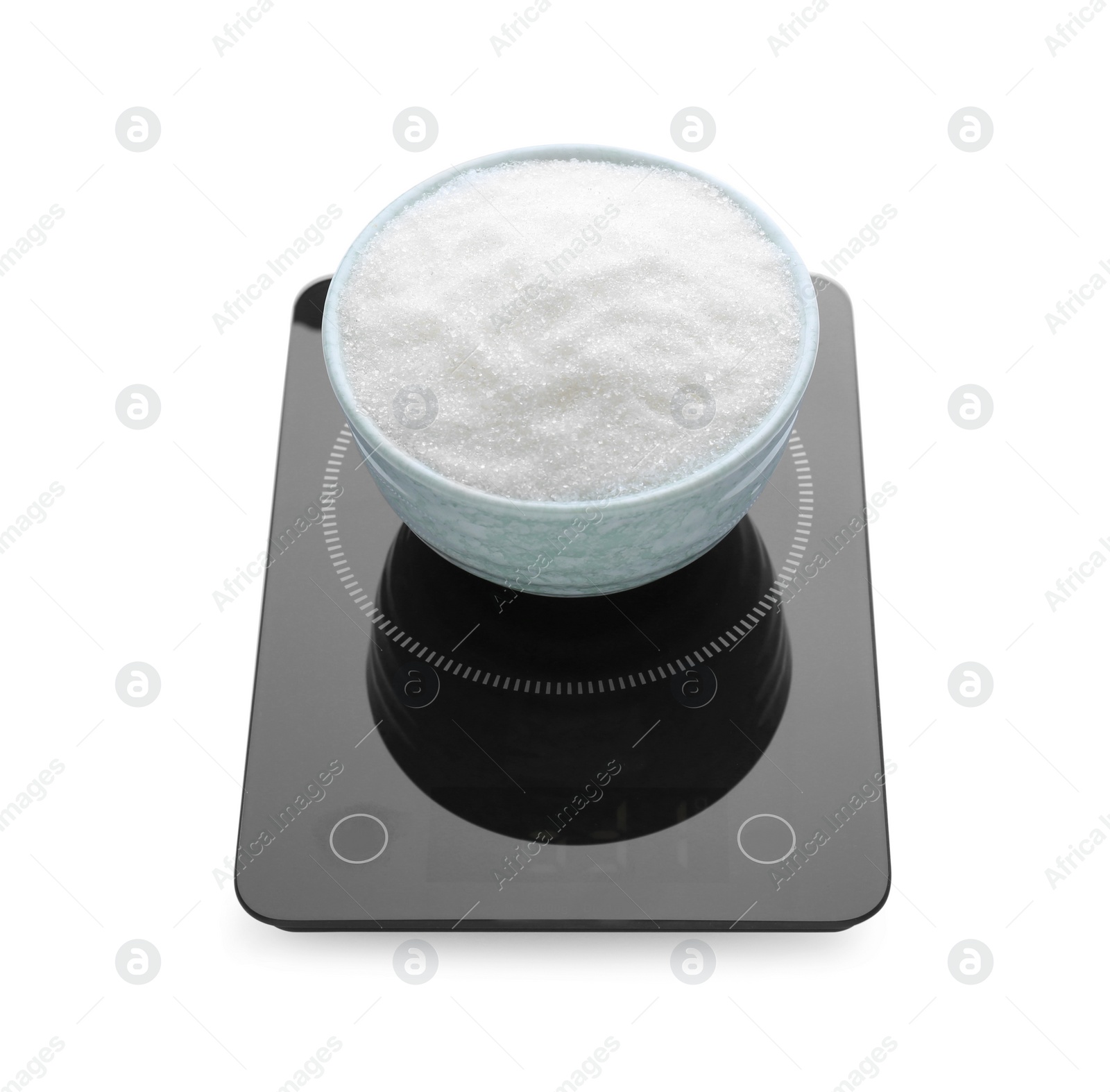 Photo of Modern kitchen scale with bowl of sugar isolated on white