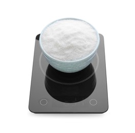 Photo of Modern kitchen scale with bowl of sugar isolated on white