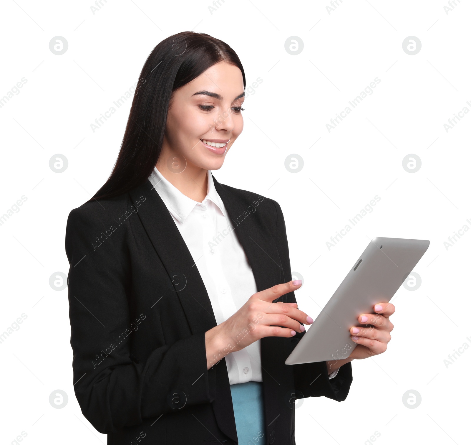 Photo of Young businesswoman with tablet on white background