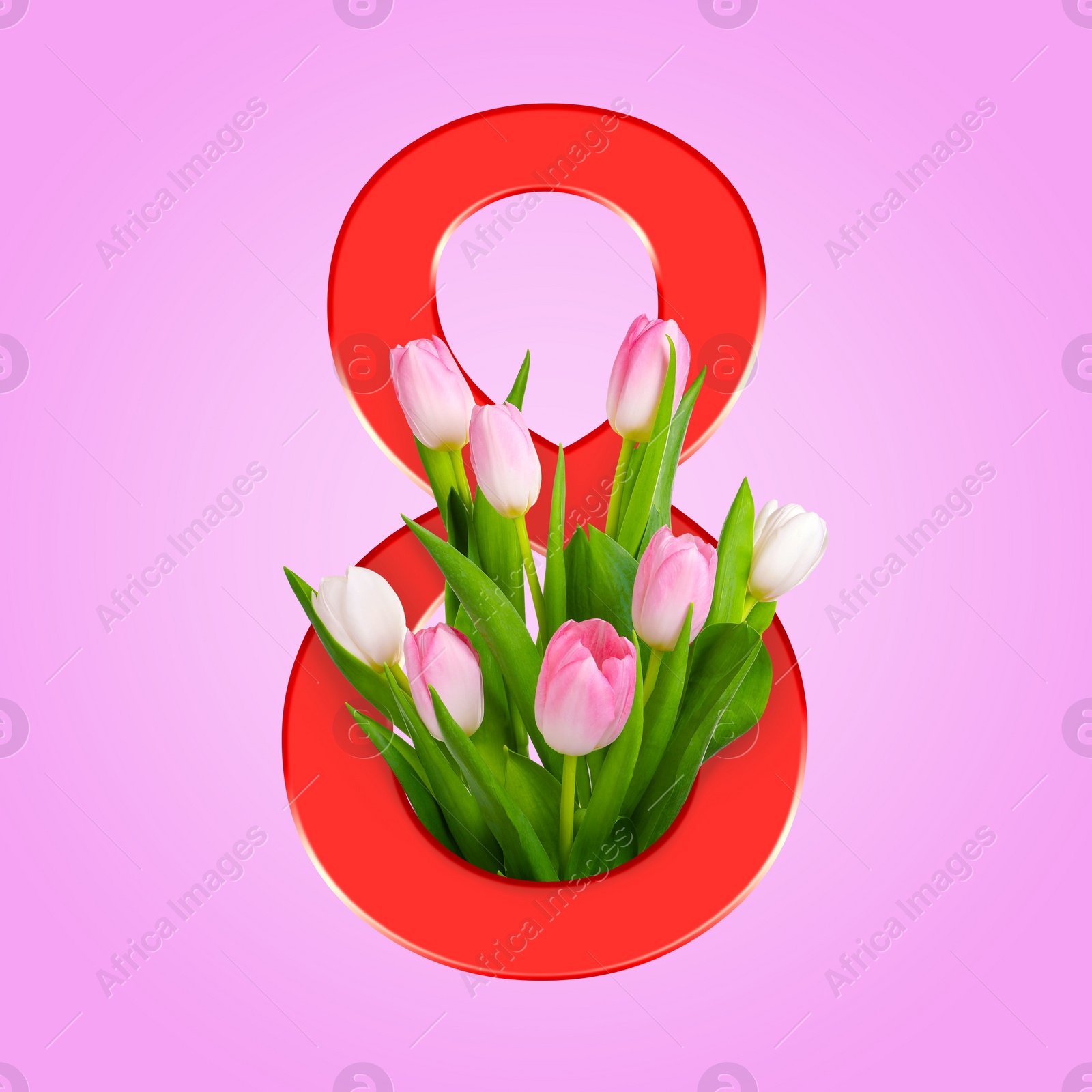 Image of March 8 - International Women's Day. Greeting card design with number 8 and flowers on pink background