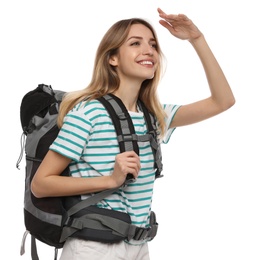 Photo of Woman with backpack on white background. Summer travel