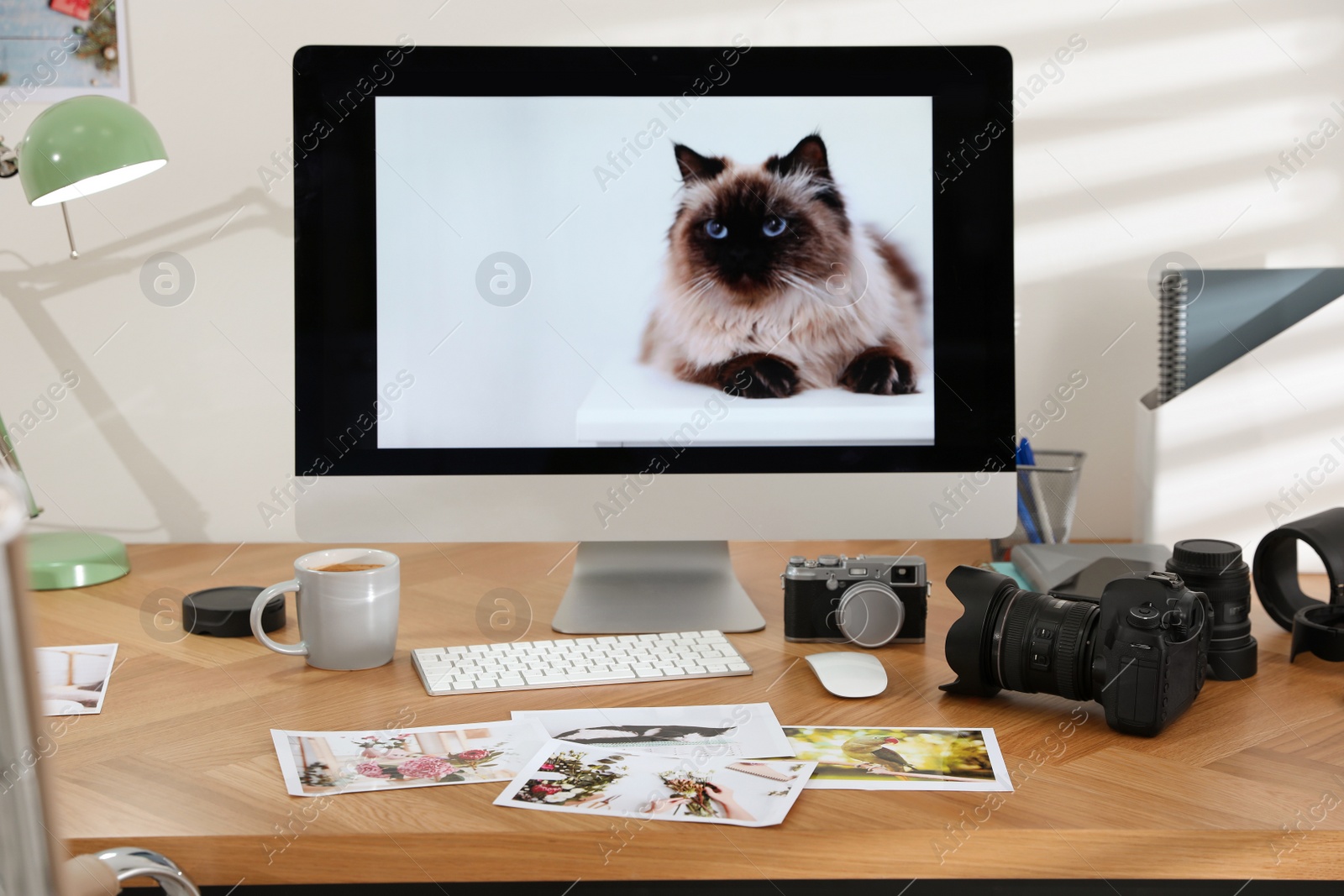 Photo of Photographer's workplace with professional camera and computer in office