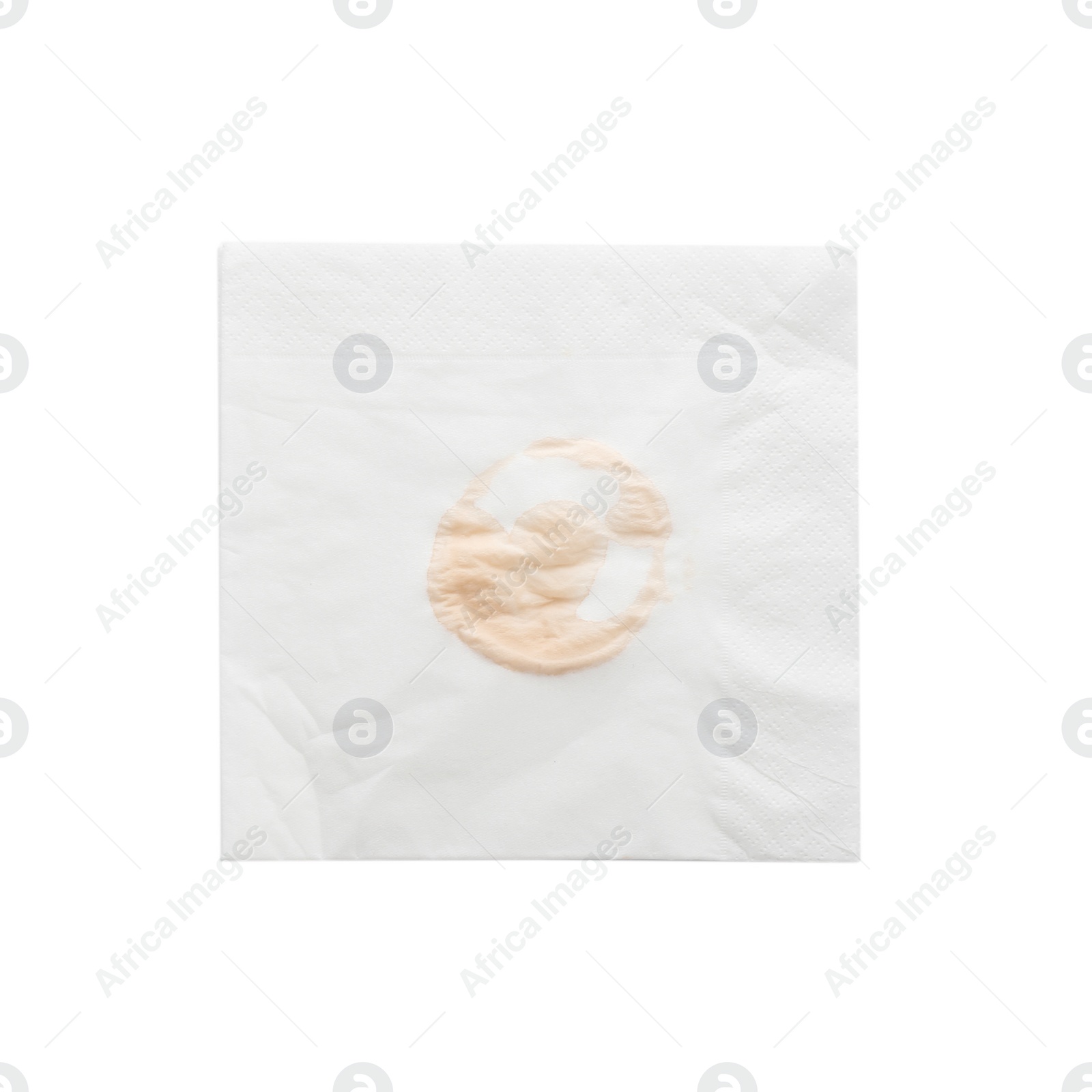 Photo of Paper napkin with coffee stain on white background, top view