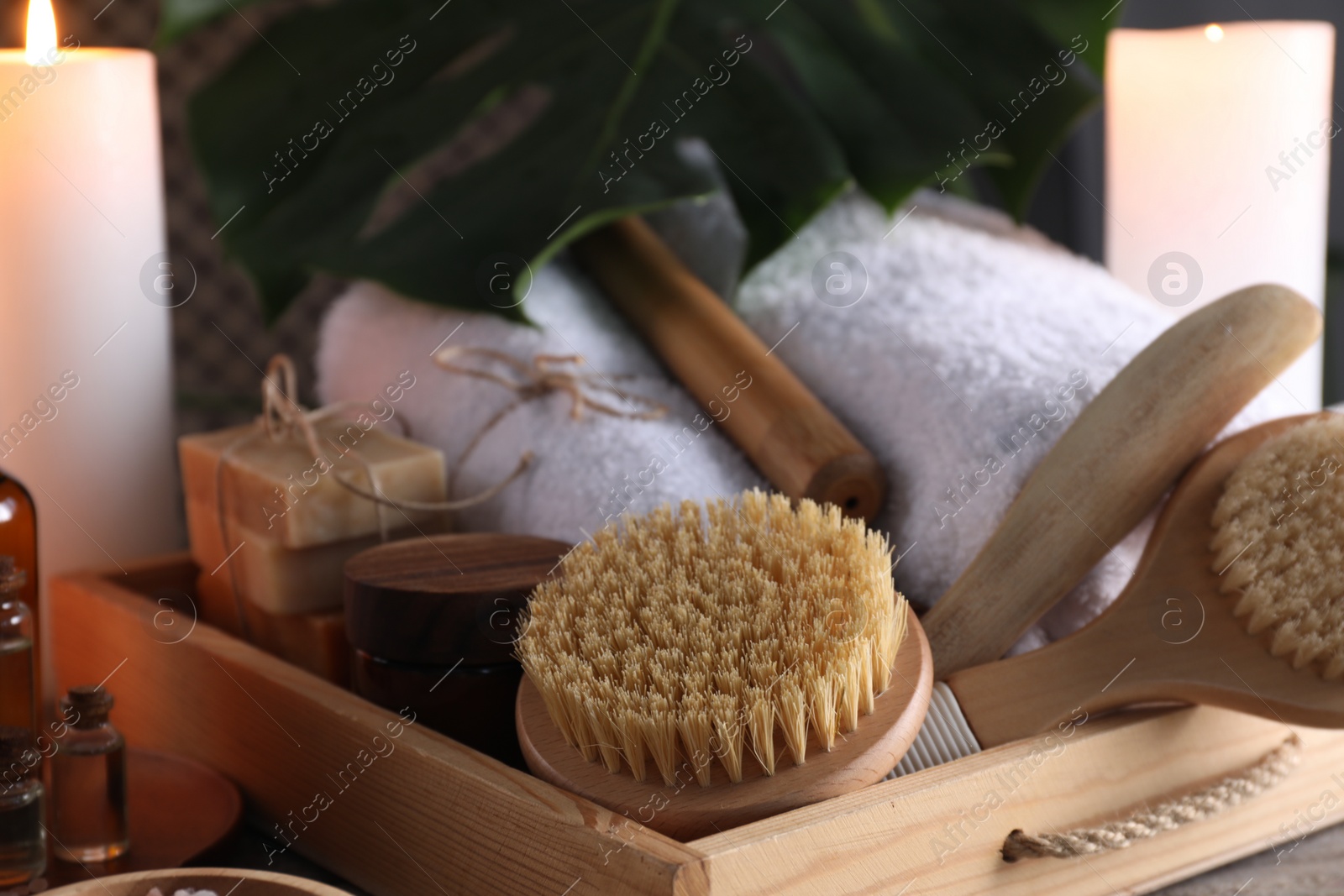 Photo of Many different spa products on table, closeup