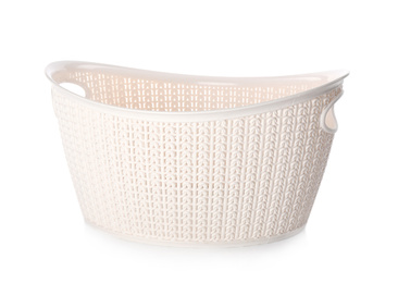 Photo of Light plastic laundry basket isolated on white