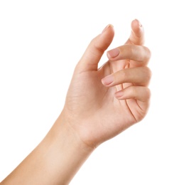 Photo of Woman holding something on white background, closeup of hand