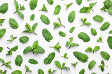 Fresh green mint leaves on white background, top view