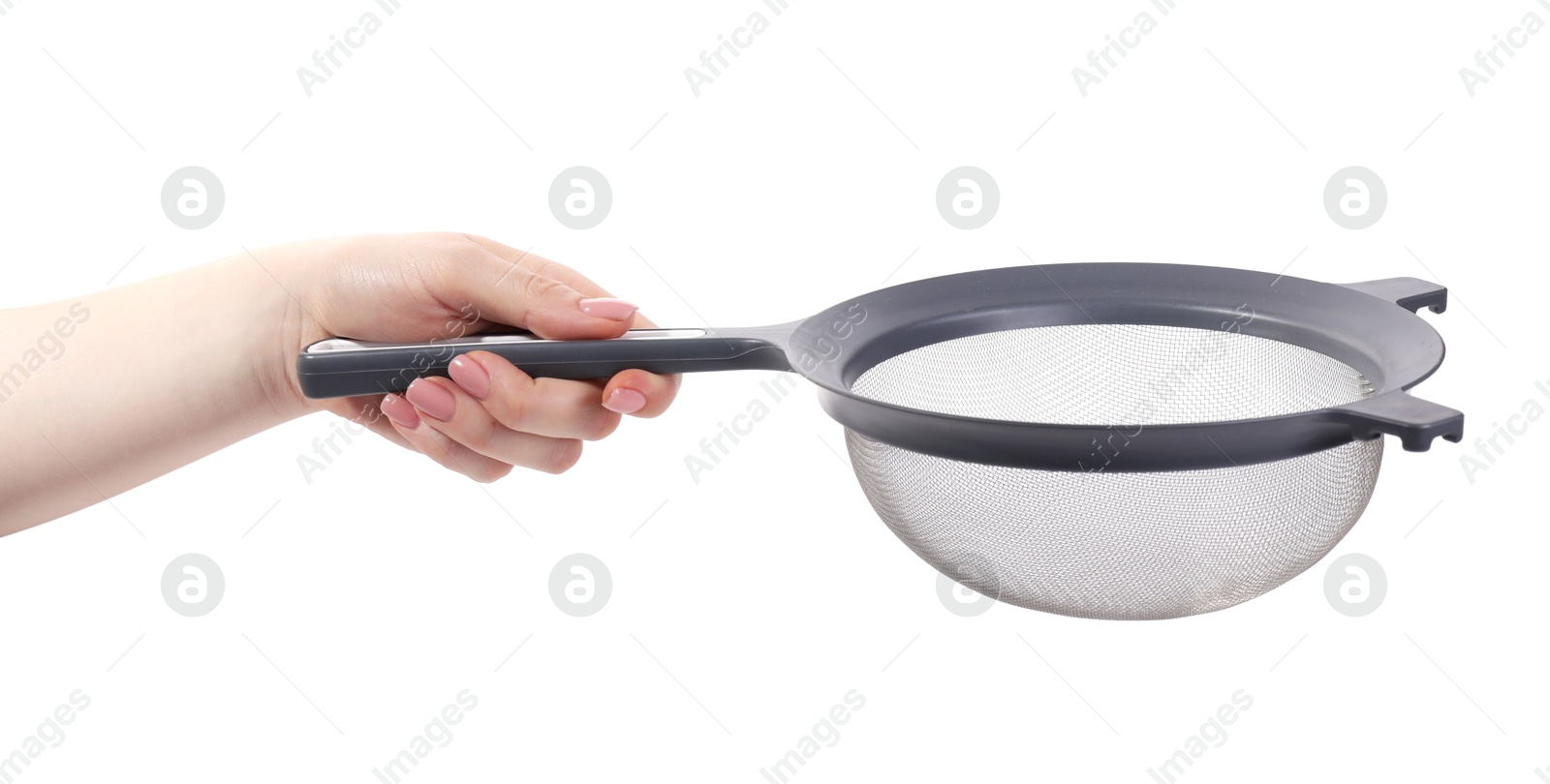 Photo of Woman with sieve on white background, closeup