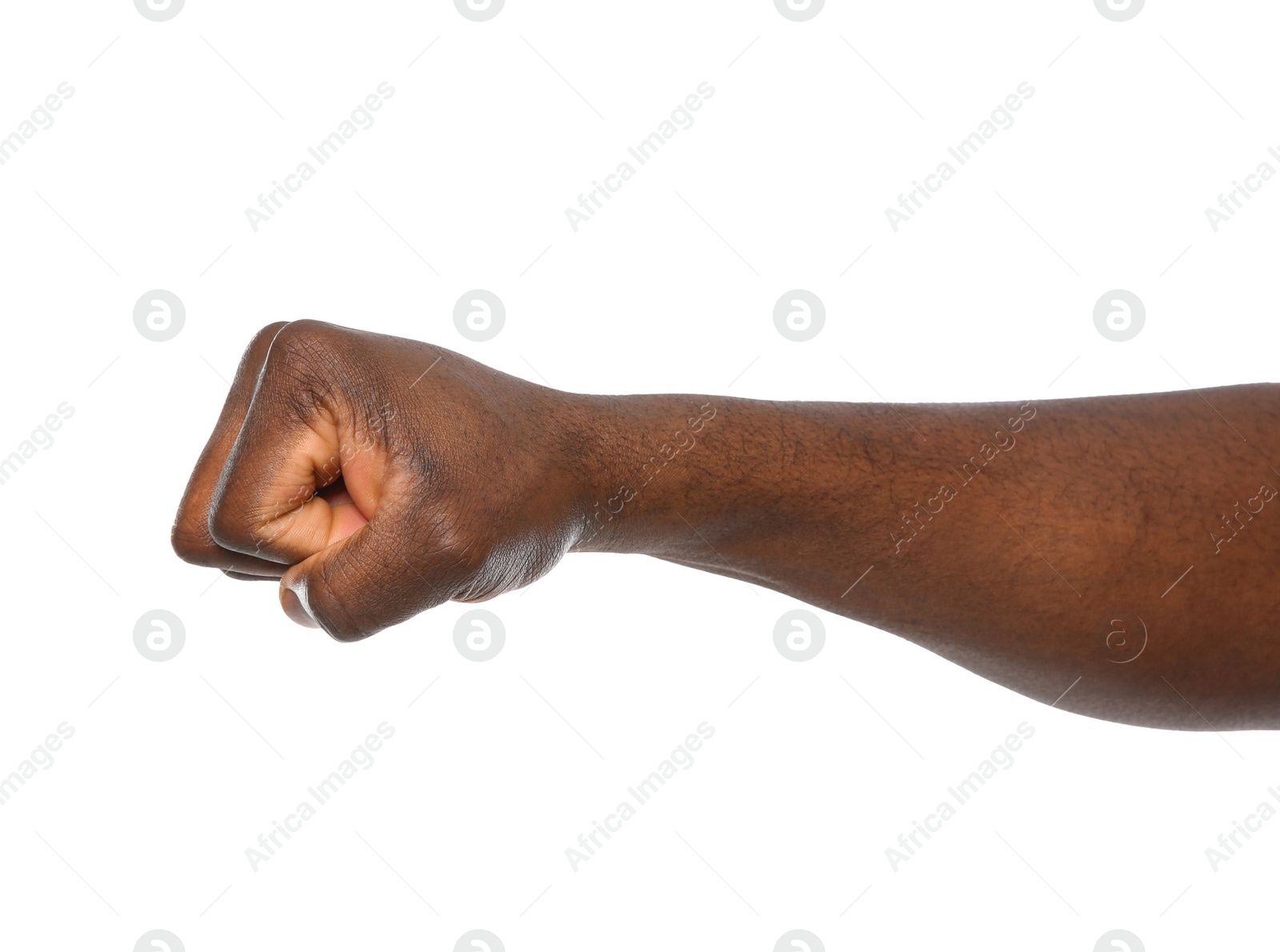 Photo of African-American man showing fist on white background, closeup