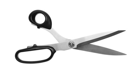 Photo of Tailor's scissors isolated on white, top view