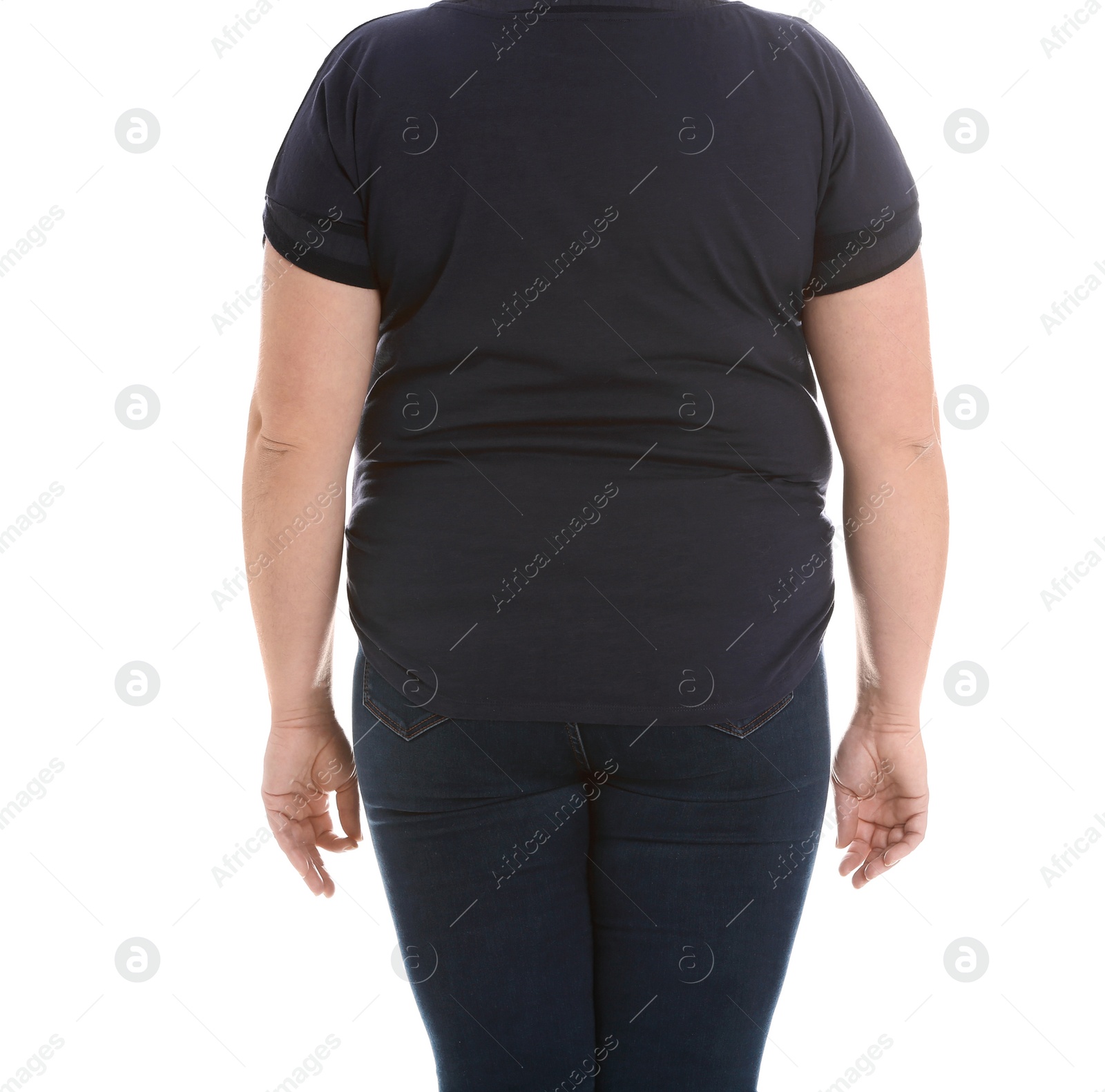 Photo of Overweight woman on white background, closeup. Weight loss