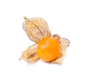 Photo of Ripe physalis fruit with calyx isolated on white