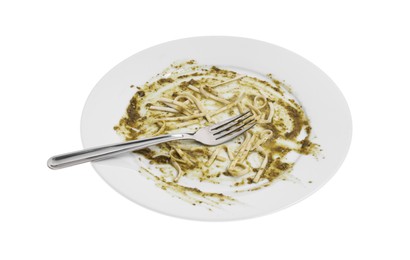 Dirty plate and fork on white background