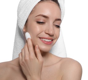 Photo of Woman using silkworm cocoon in skin care routine on white background