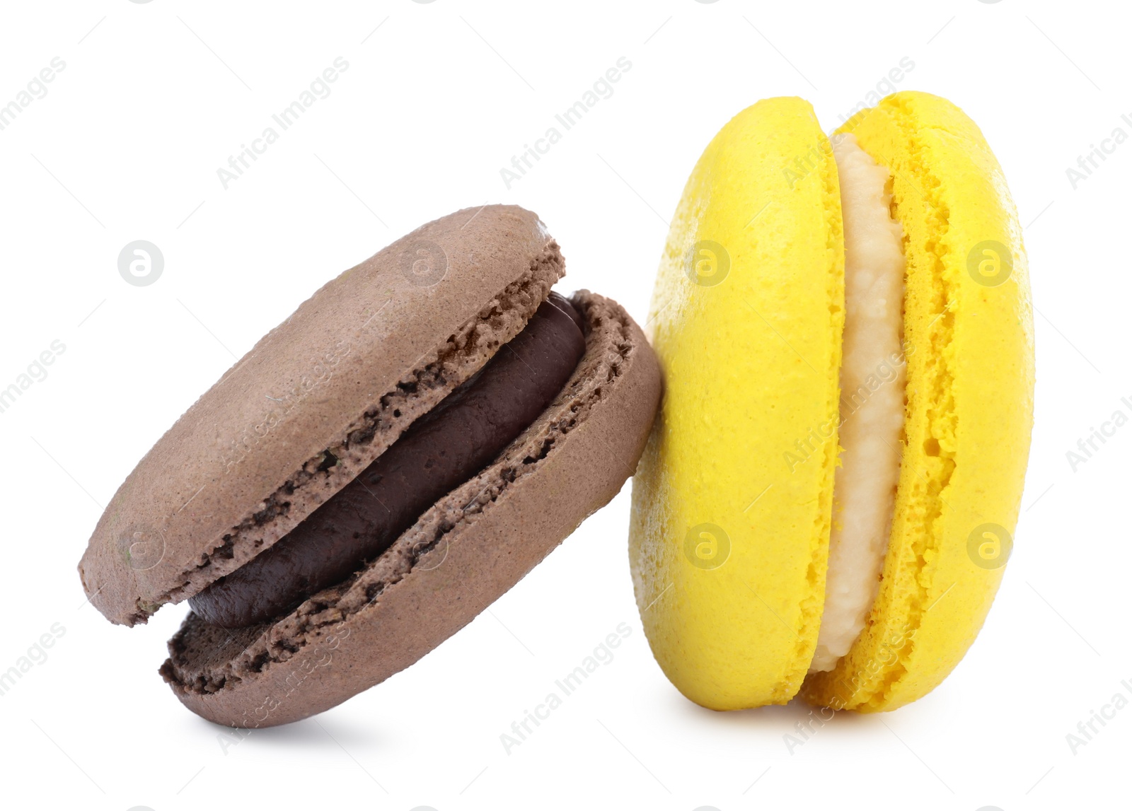 Photo of Different delicious colorful macarons on white background