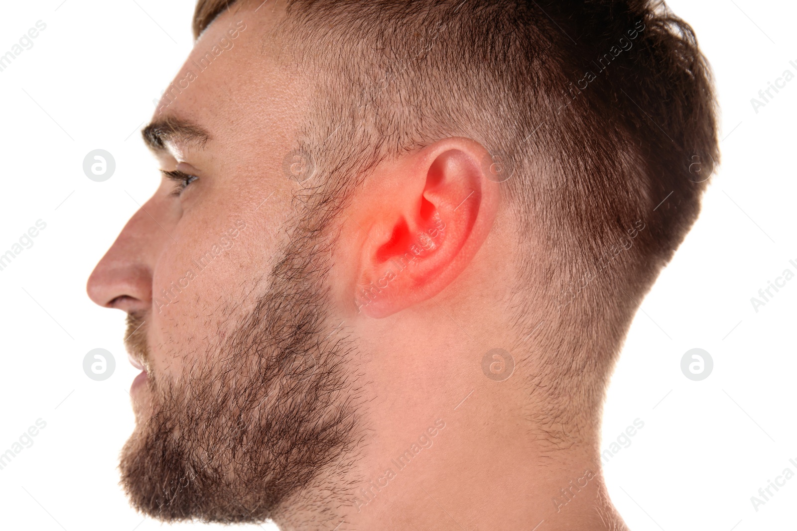 Image of Young man with hearing problem on white background, closeup