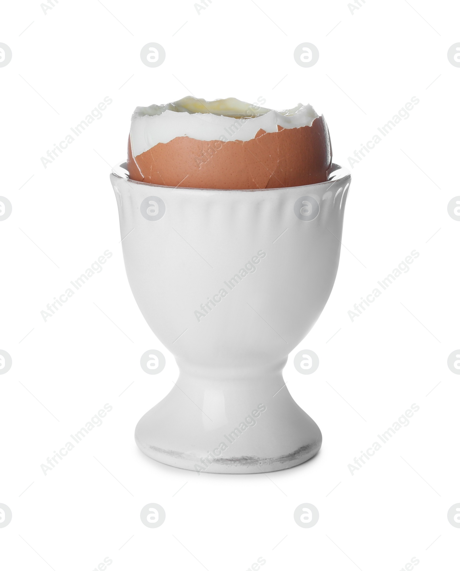 Photo of Cup with fresh boiled egg isolated on white