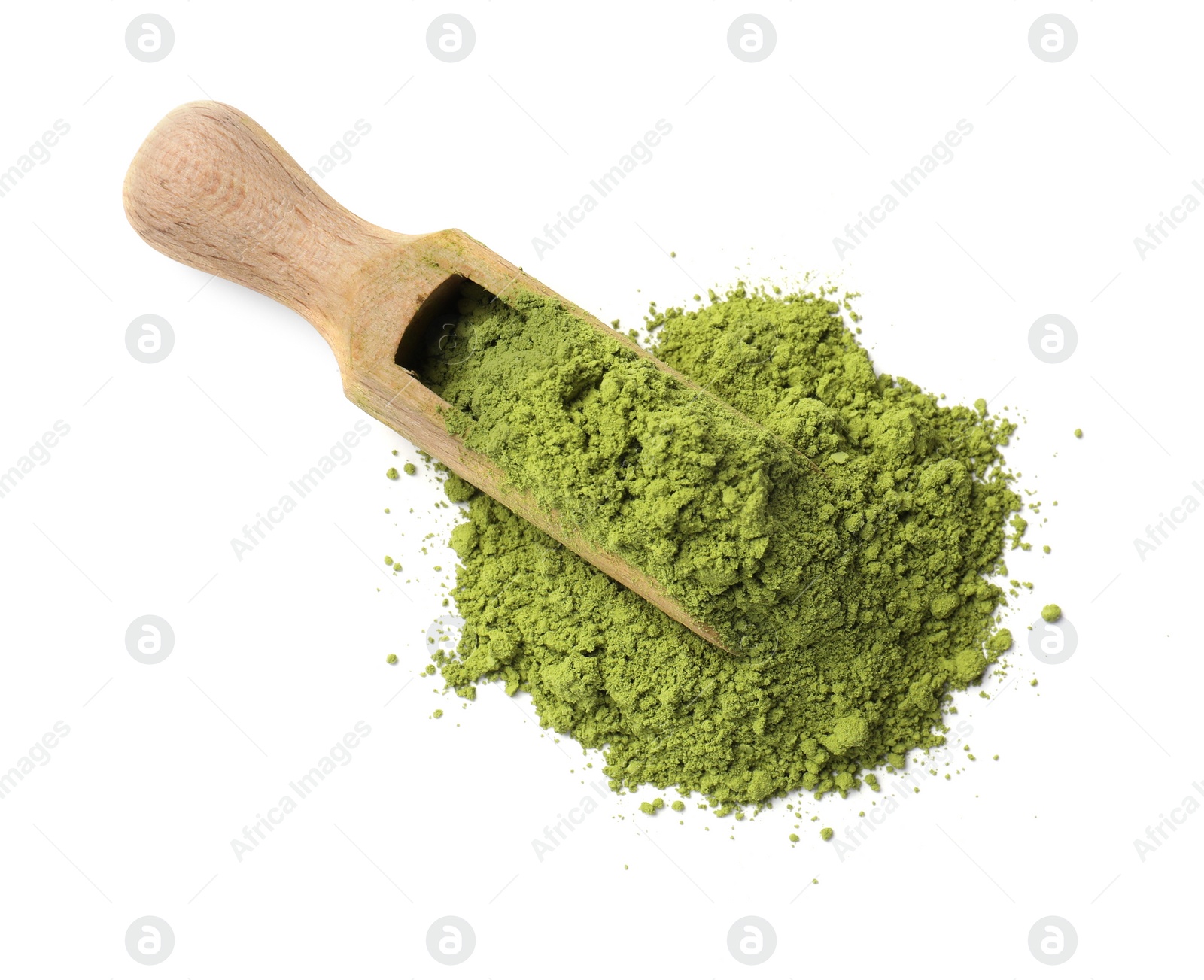 Photo of Scoop of green matcha powder isolated on white, top view