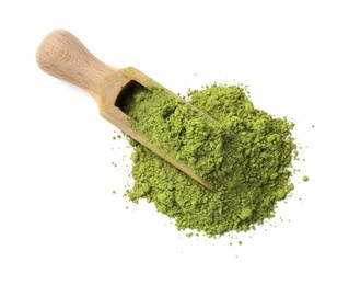 Photo of Scoop of green matcha powder isolated on white, top view