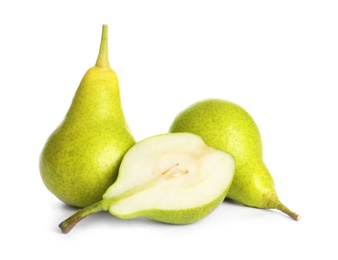 Whole and sliced pears on white background