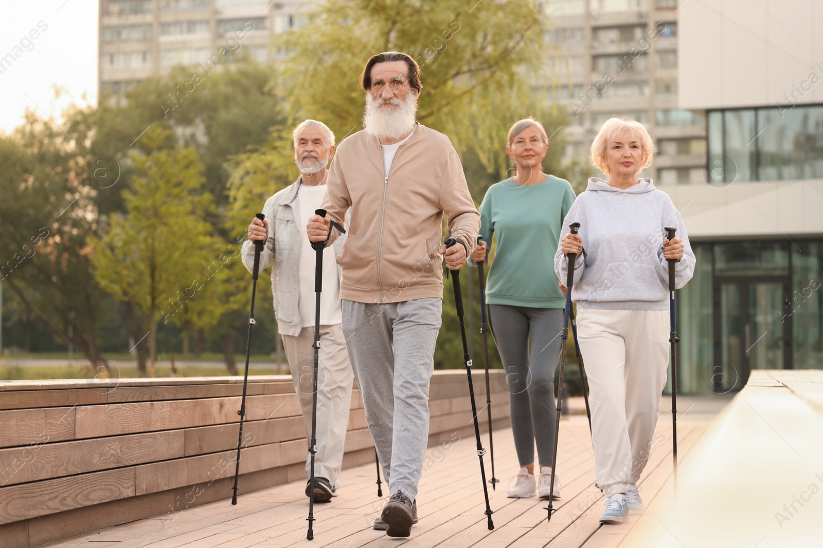 Photo of Group of senior people performing Nordic walking outdoors. Low angle view