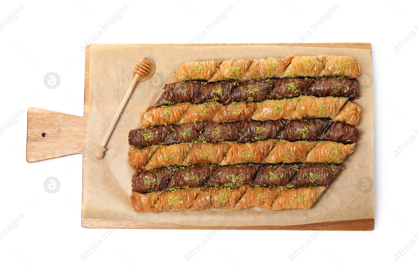 Photo of Delicious sweet baklava and honey dipper isolated on white, top view