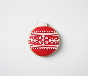 Tasty homemade Christmas cookie on white background, top view