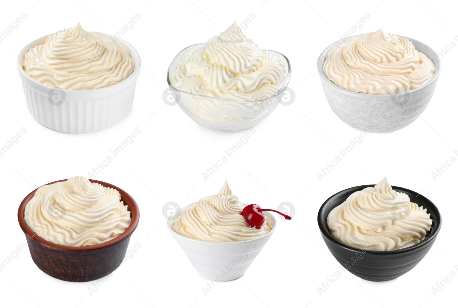 Image of Set with delicious fresh whipped cream on white background