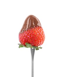 Photo of Strawberry with melted chocolate on fondue fork against white background