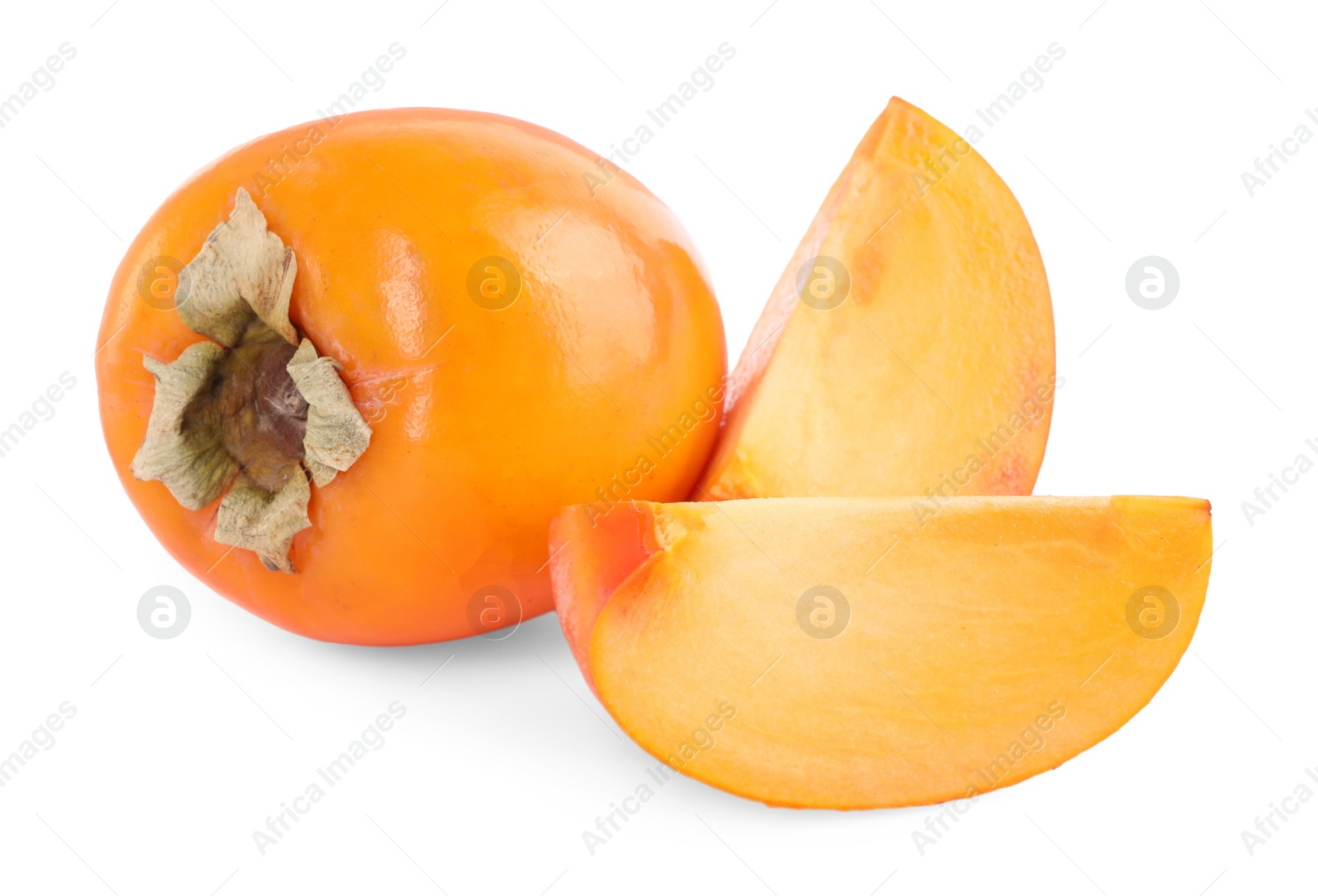 Photo of Whole and cut persimmon fruits isolated on white, top view