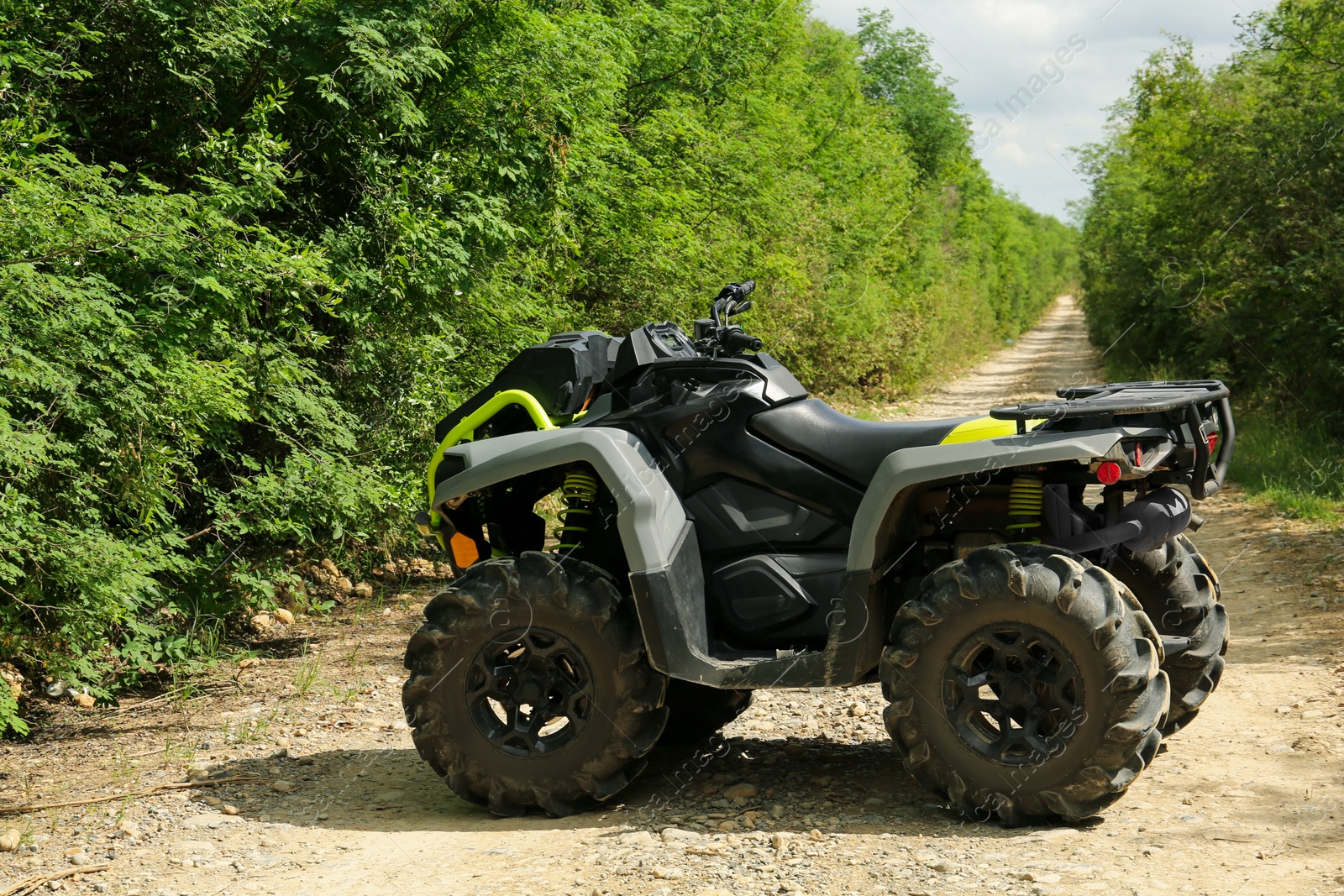 Photo of Beautiful quad bike on pathway near trees outdoors