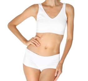 Photo of Young slim woman in underwear on white background. Weight loss diet