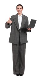 Photo of Beautiful happy businesswoman with laptop showing thumbs up on white background