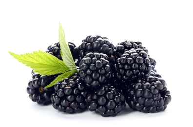 Photo of Fresh ripe juicy blackberries on white background