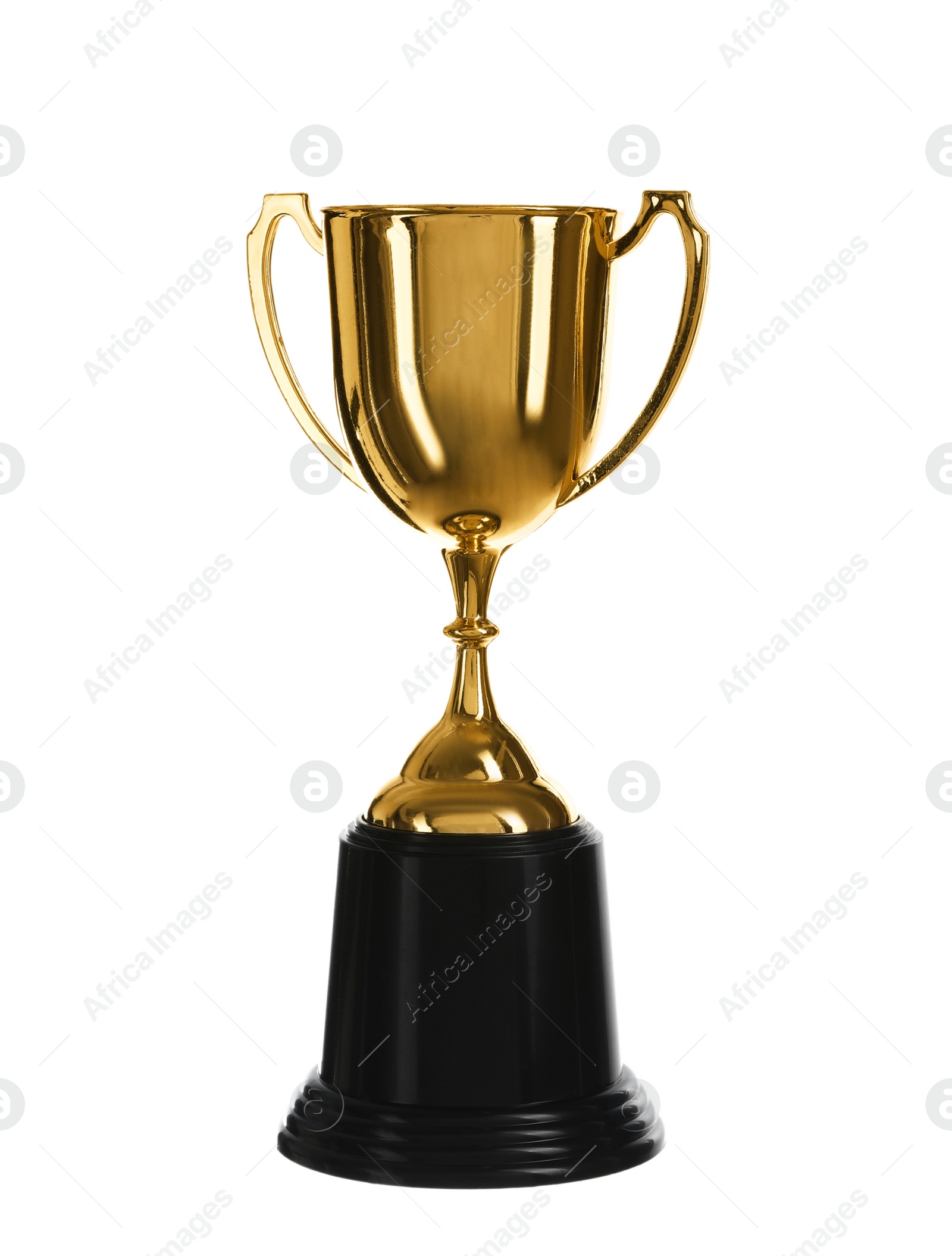 Photo of Shiny gold cup on white background. Winner's trophy