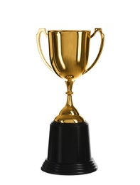 Photo of Shiny gold cup on white background. Winner's trophy