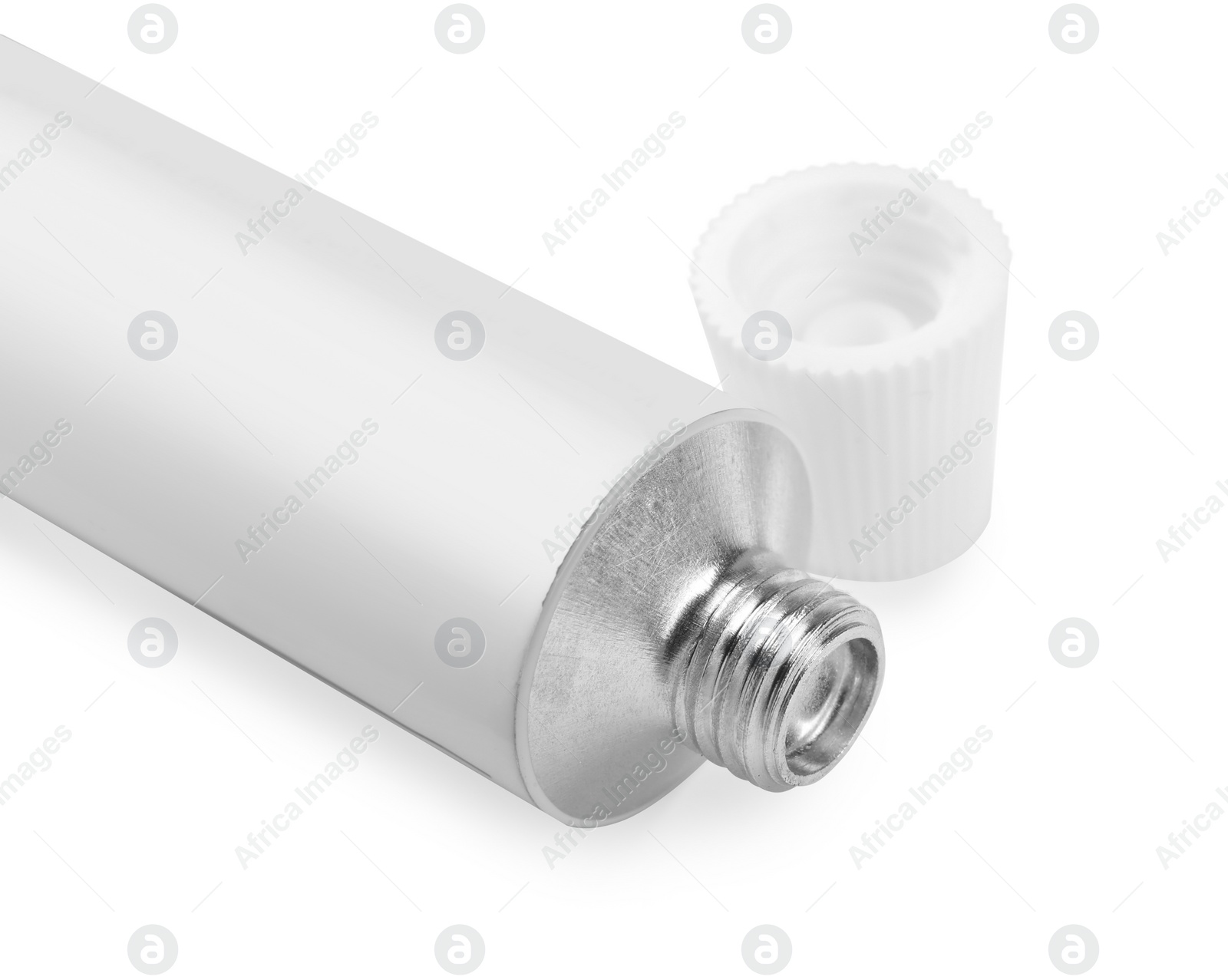 Photo of Open tube of ointment isolated on white, closeup. Space for text