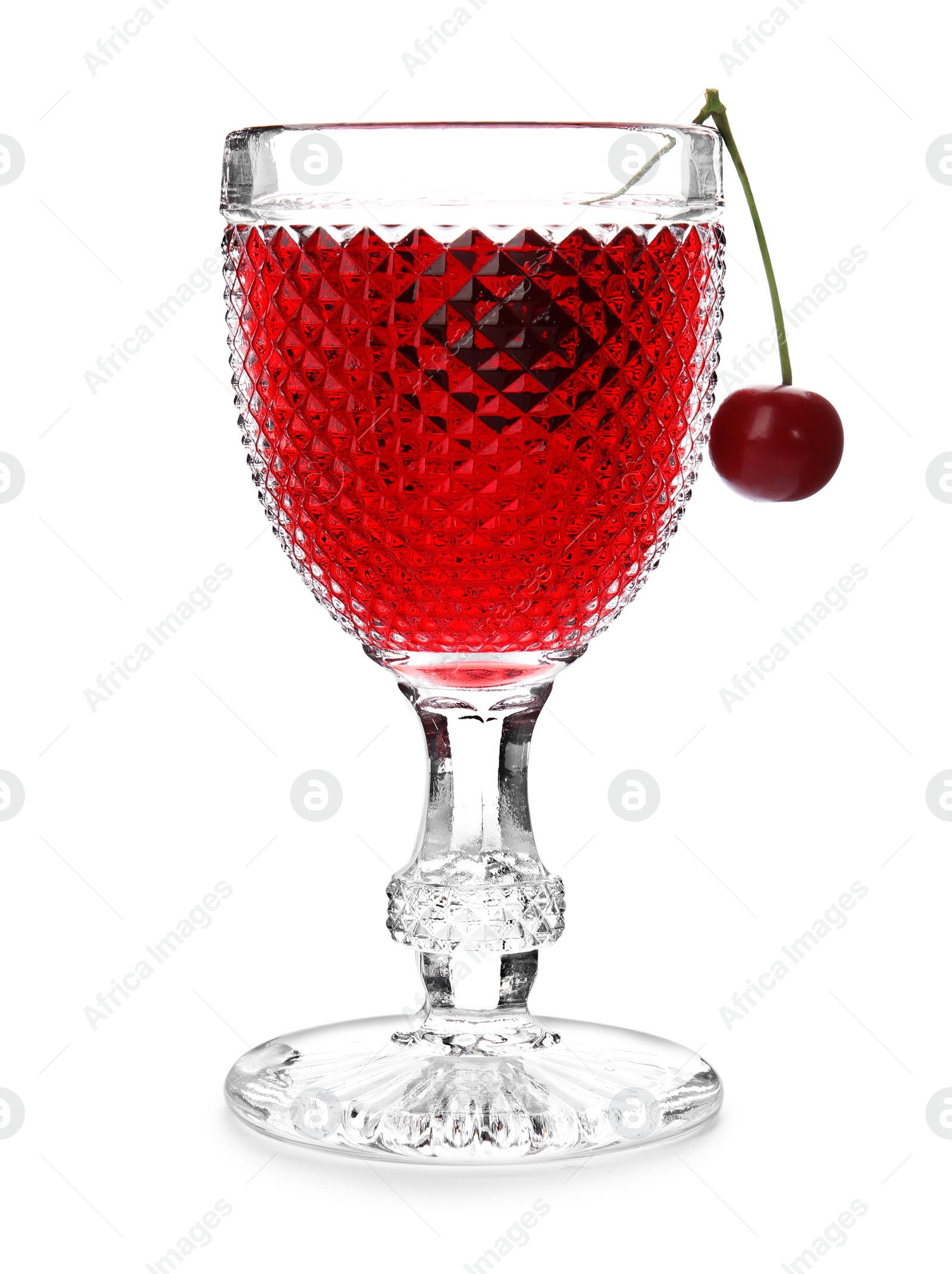 Photo of Delicious cherry wine with ripe juicy berries isolated on white