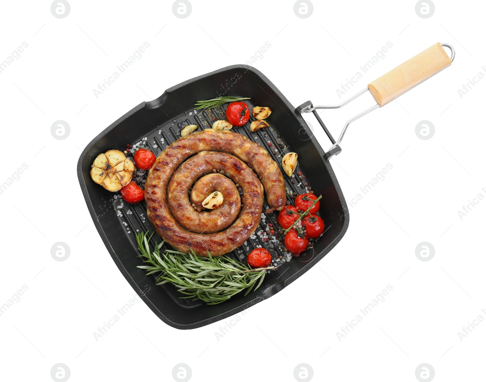 Photo of Pan with delicious homemade sausage, garlic, tomatoes, rosemary and spices isolated on white, top view