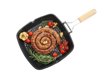 Pan with delicious homemade sausage, garlic, tomatoes, rosemary and spices isolated on white, top view