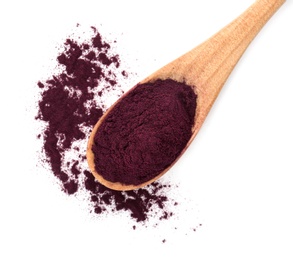 Wooden spoon with acai powder on white background, top view