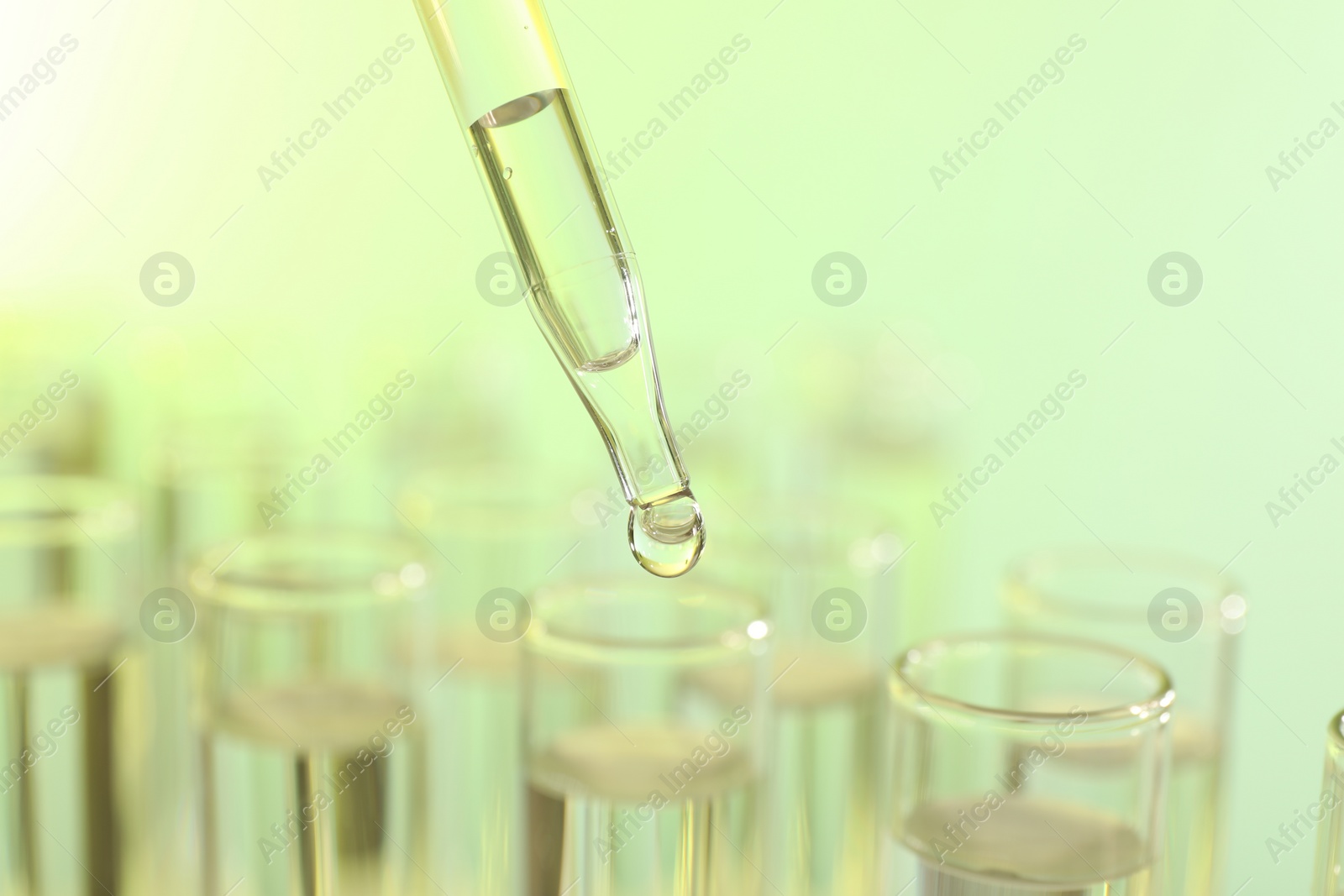 Photo of Dripping liquid from pipette into test tube on yellow background, closeup